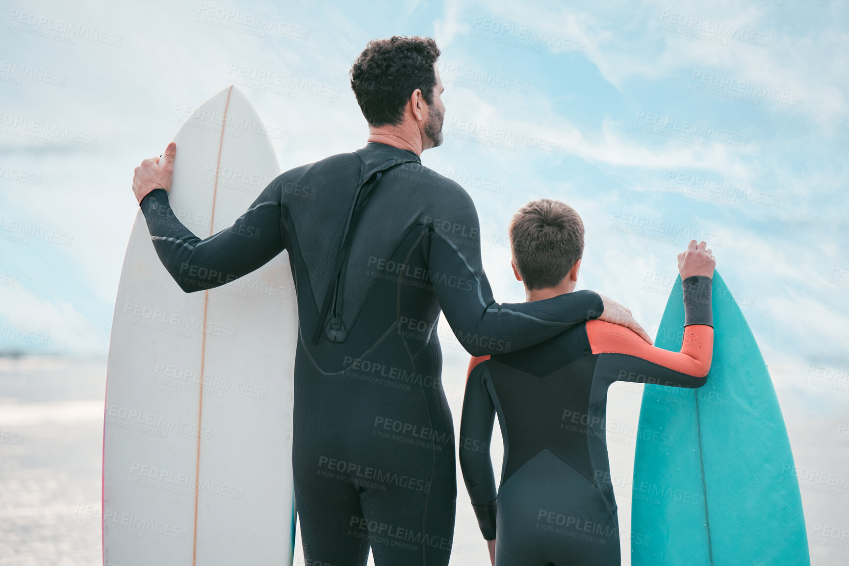 Buy stock photo Surfboard, dad and child on beach for back view, sports or exercise on outdoor bonding adventure. Surfer, father and son at ocean for surfing, teaching and learning together with support and growth