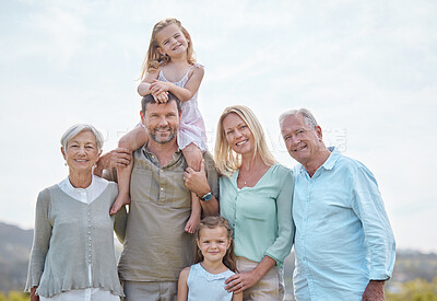 Buy stock photo Happy, portrait and big family with children in nature for holiday, weekend or bonding together. Parents, grandparents and kids or siblings with smile for embrace, support or love in countryside