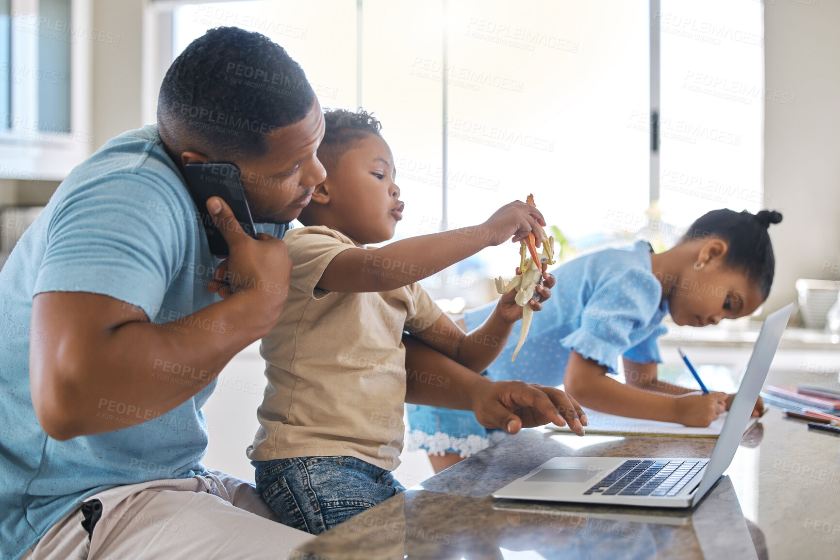 Buy stock photo Father, children and phone call with laptop, remote work and drawing with books, care and toys in family home. Dad, kids and smartphone for contact, computer and multitasking in kitchen at apartment