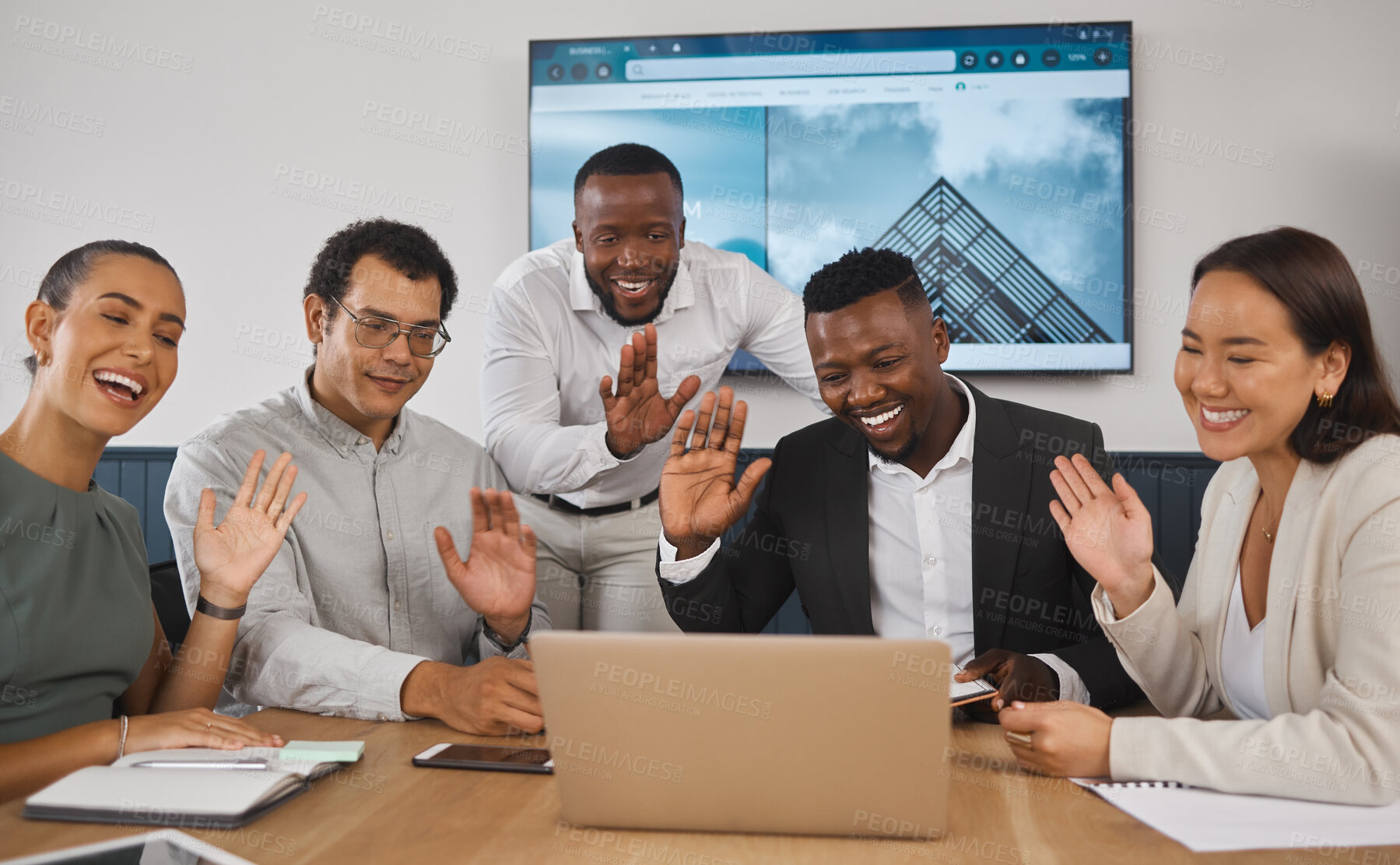 Buy stock photo Group, video call and wave in meeting, smile and speaker with ideas, boardroom and communication. Monitor, discussion and teamwork for architecture, display and brainstorming of people and greeting
