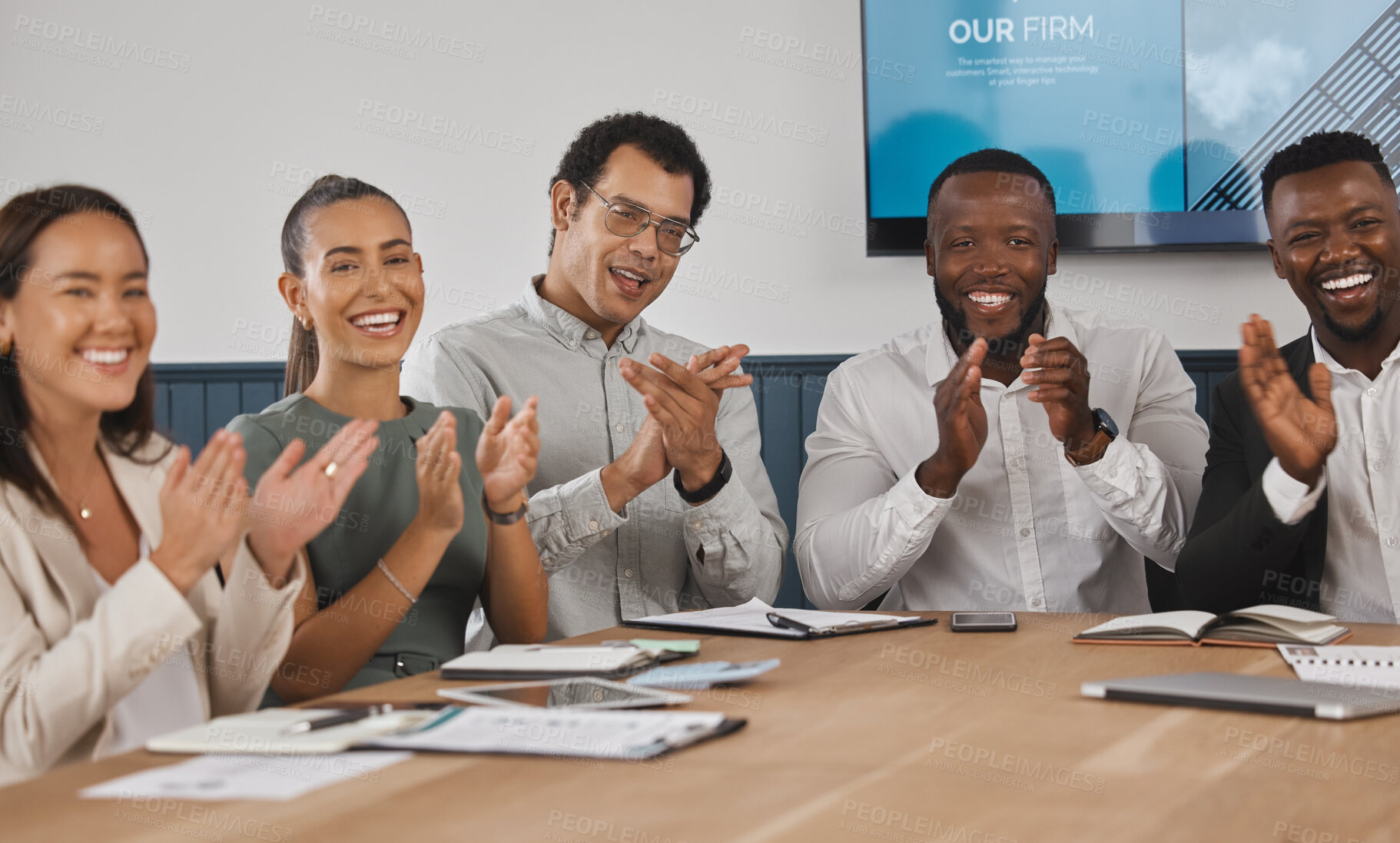 Buy stock photo Portrait clapping and people in meeting, boardroom and celebration for design goals, happy and confident. Monitor, success and teamwork for architecture, display and applause for discussion or office