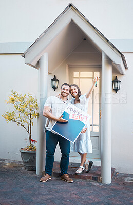 Buy stock photo Portrait, keys and happy couple with sign for new home, sale and investment loan. Real estate, man and woman with sold property, mortgage and celebrate moving to dream house for relocation outdoor