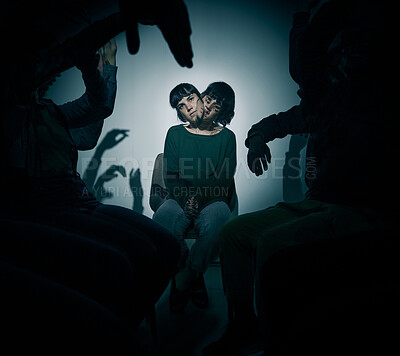 Buy stock photo Bipolar, mental health and psychology with woman in studio on dark background for rehabilitation. Fear, shadow and schizophrenia with patient person in spotlight for healthcare or medical assessment