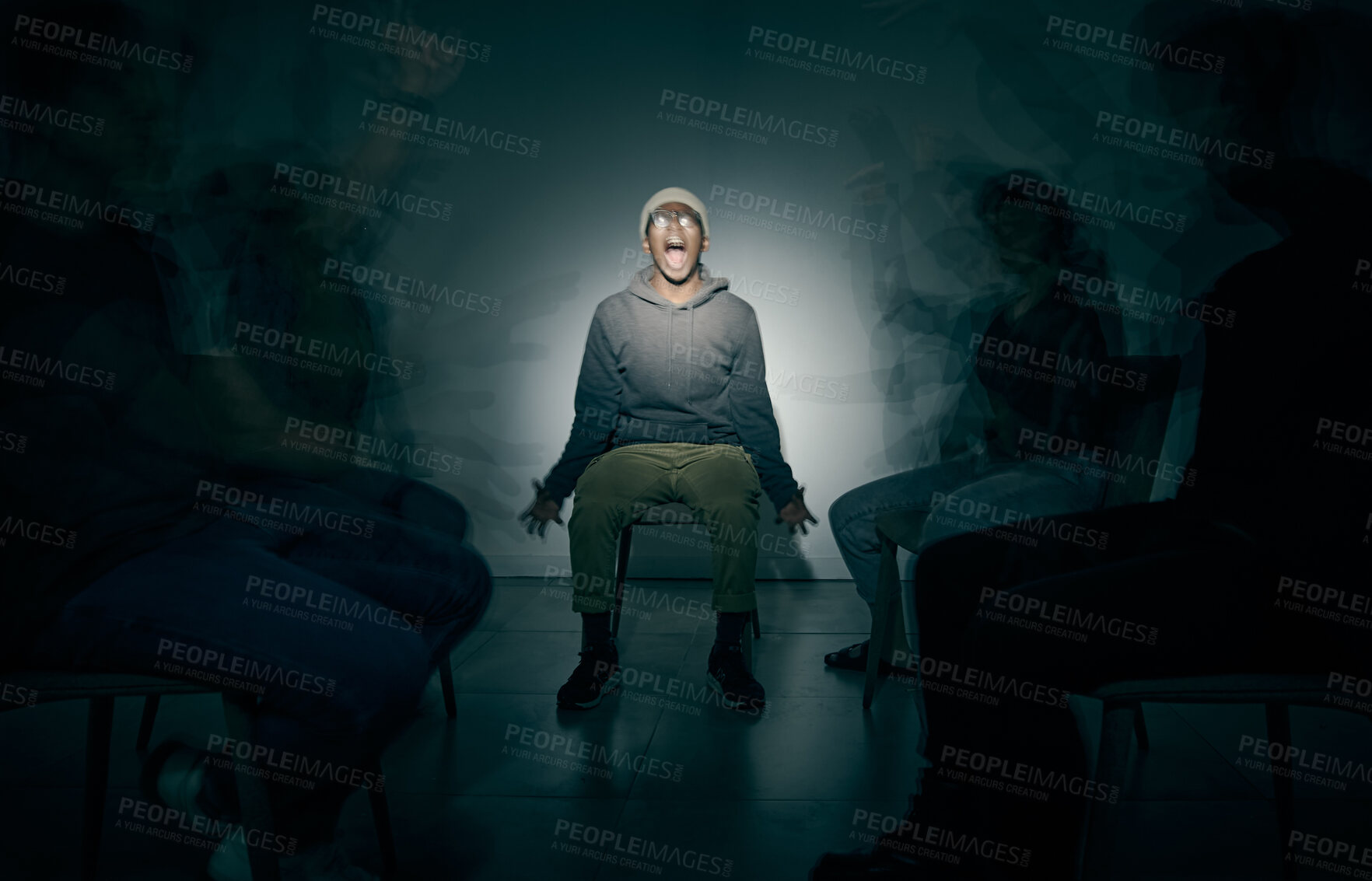 Buy stock photo Mental health, screaming and shadow with man in studio on dark background for rehabilitation. Bipolar, fear and psychology with patient yelling in spotlight for healthcare or medical assessment