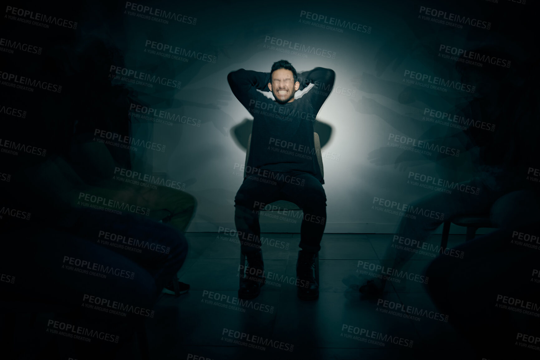 Buy stock photo Mental health, psychology and shadow with man in studio on dark background for rehabilitation. Bipolar, fear and schizophrenia with haunted patient in spotlight for healthcare or medical assessment