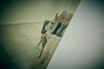 Buy stock photo Depressed, woman and psychology of mental health at asylum for Alzheimers, memory and schizophrenia. Mature, patient or bipolar anxiety in spotlight reflection of identity crisis, trauma and recovery