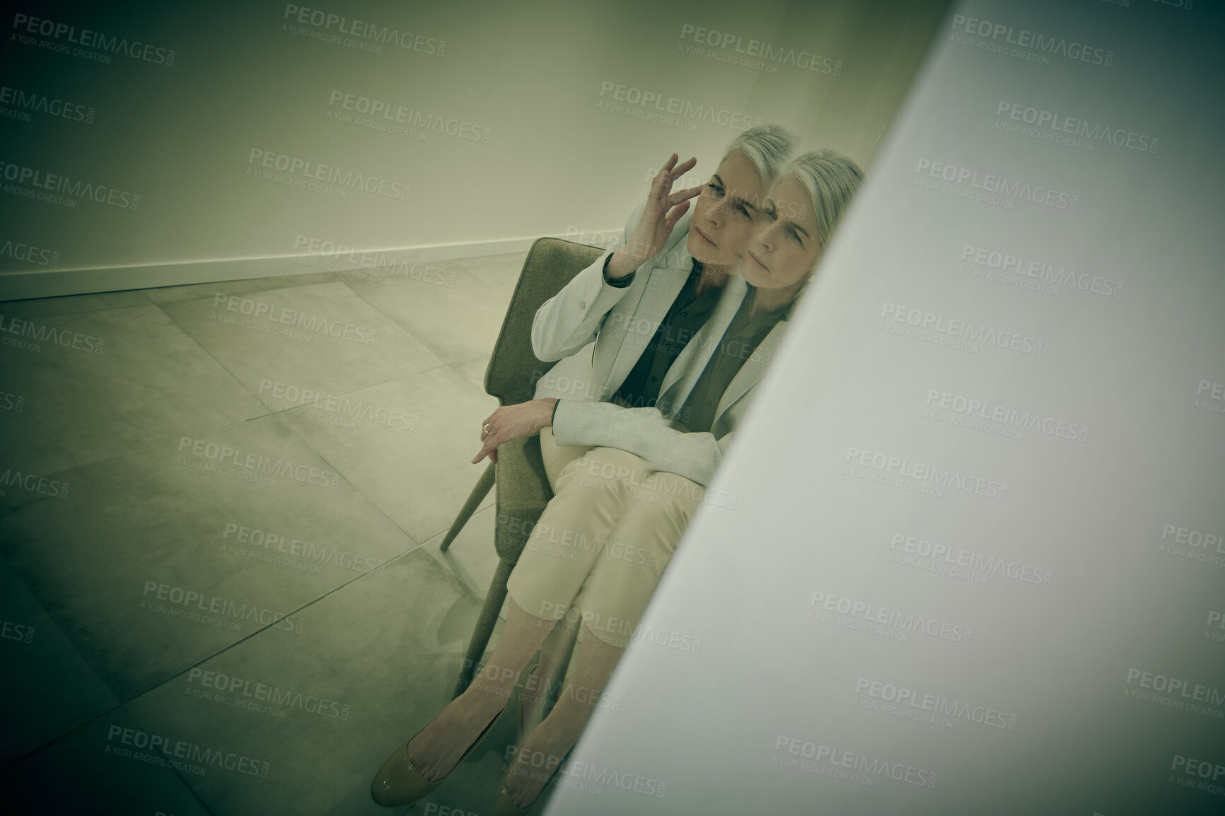 Buy stock photo Depressed, woman and psychology of mental health at asylum for Alzheimers, memory and schizophrenia. Mature, patient or bipolar anxiety in spotlight reflection of identity crisis, trauma and recovery