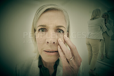 Buy stock photo Portrait, woman and psychology of mental health at asylum for Alzheimers, memory and schizophrenia. Mature, patient and bipolar anxiety in spotlight reflection of identity crisis, trauma and recovery