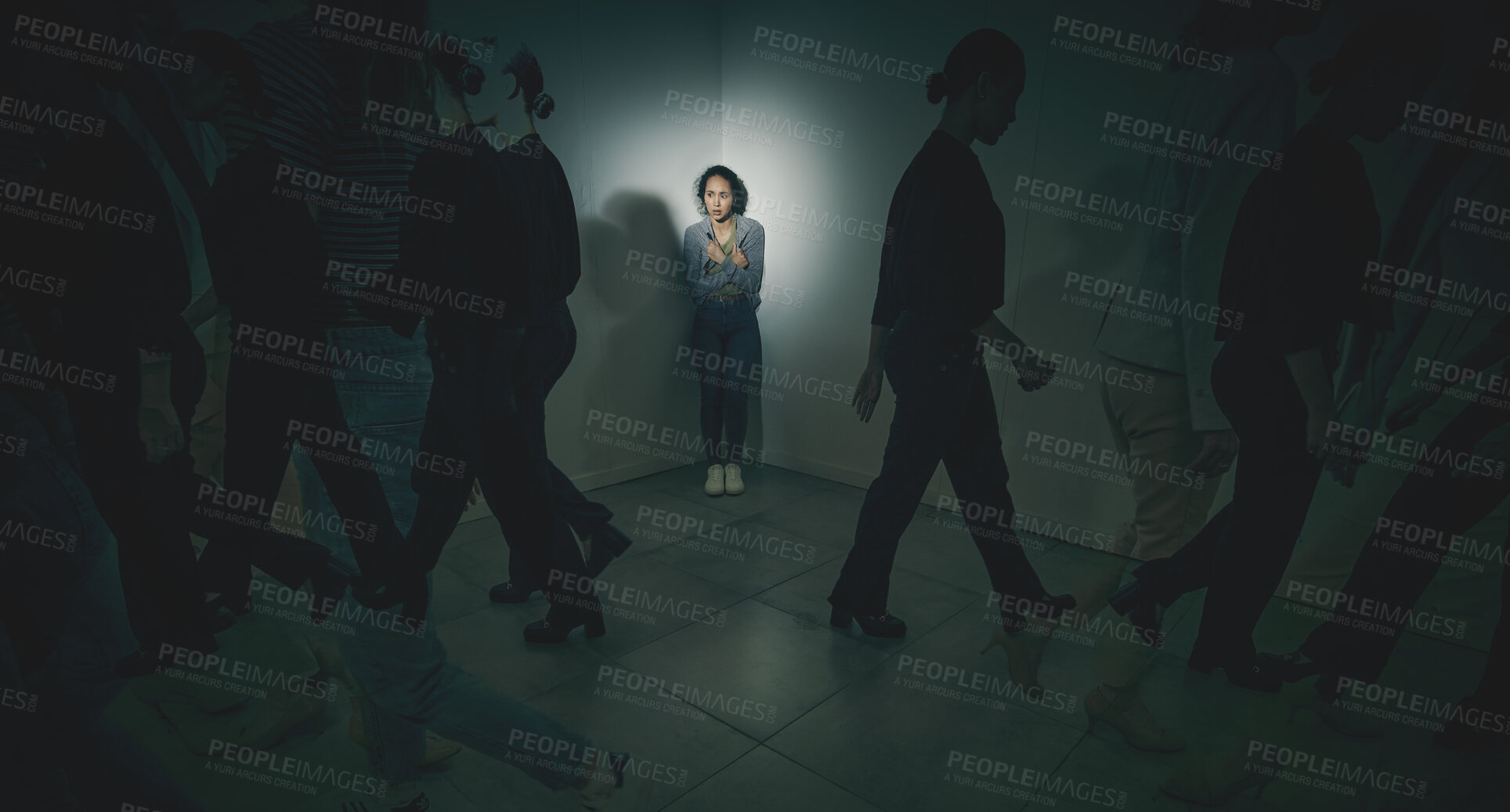 Buy stock photo Girl, panic and psychology with mental health in asylum for trauma shadows, kidnapping crisis and dark room. Woman, fear and people with safety anxiety, abuse victim and danger risk of rehabilitation