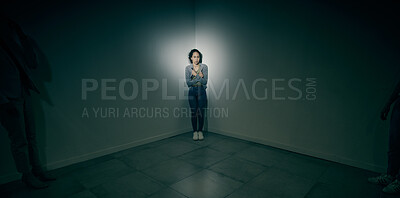 Buy stock photo Woman, fear and psychology for mental health in asylum with trauma shadows of kidnapping crisis in dark room. Girl, scared or patient with anxiety risk, abuse victim and safety fail of rehabilitation