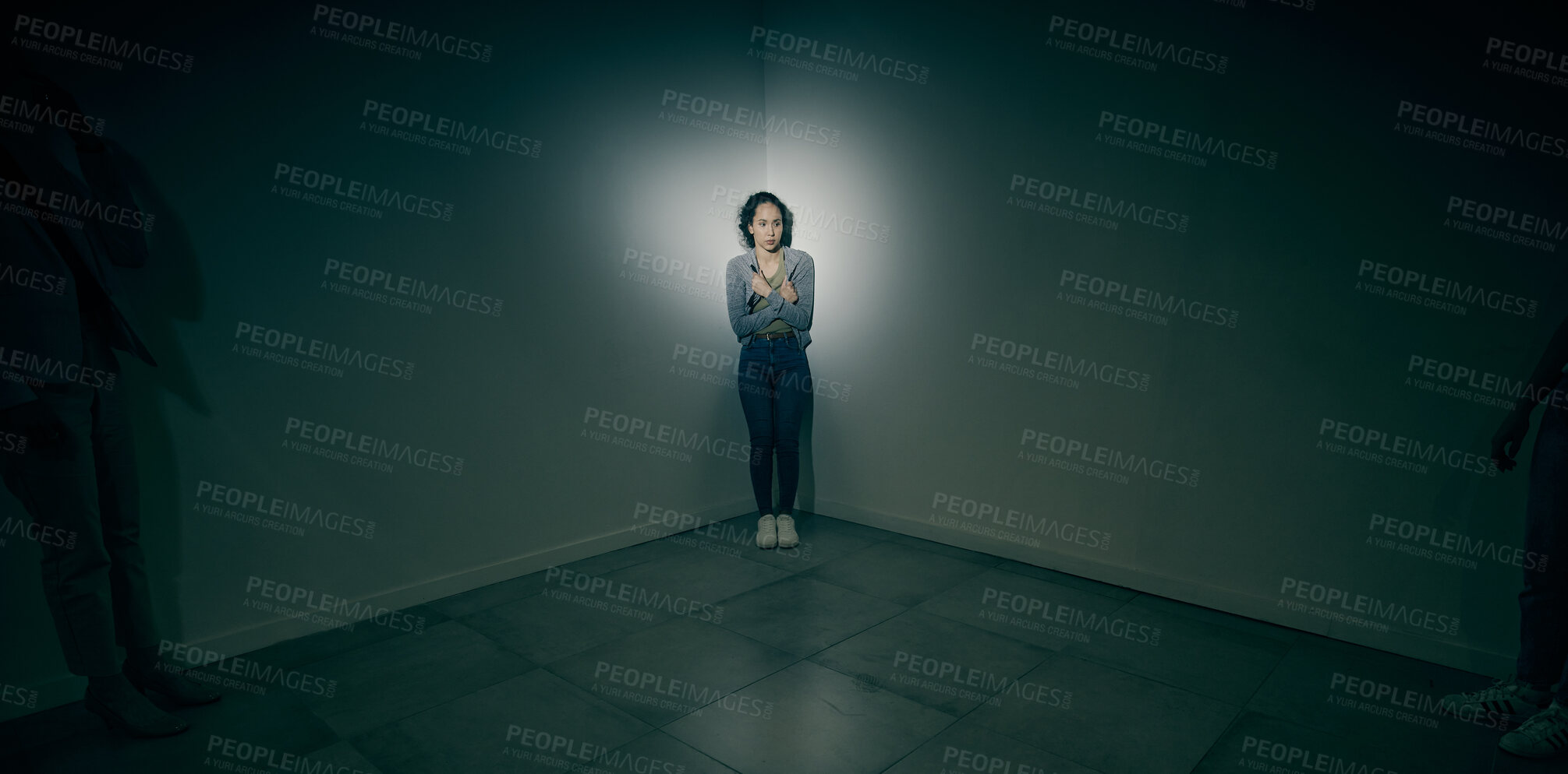 Buy stock photo Woman, fear and psychology for mental health in asylum with trauma shadows of kidnapping crisis in dark room. Girl, scared or patient with anxiety risk, abuse victim and safety fail of rehabilitation