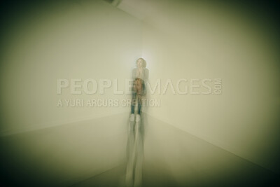 Buy stock photo Girl, psychology and fear for mental health in asylum with trauma anxiety, kidnapping crisis and spotlight. Woman, scared and abuse victim with safety fail, schizophrenia and rehabilitation recovery
