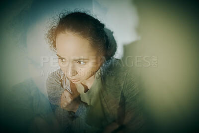 Buy stock photo Girl, psychology and mental health at asylum in studio for trauma memory, kidnapping crisis and schizophrenia. Woman, fear and spotlight with safety anxiety, abuse victim and danger of rehabilitation