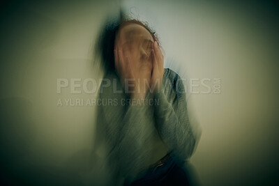 Buy stock photo Mental health, blur and psychology with woman in rehabilitation for bipolar disorder, grief and fear. Depression, frustrated and trauma with person in clinic for schizophrenia and identity crisis