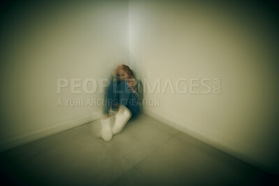 Buy stock photo Mental health, anxiety and psychology with woman in rehabilitation for bipolar disorder, grief and fear. Depression, frustrated and trauma with person in clinic for schizophrenia and identity crisis