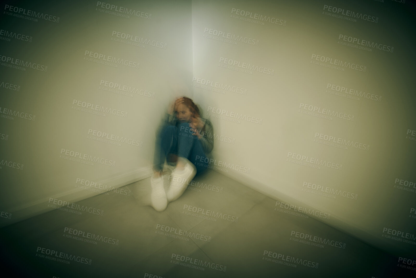 Buy stock photo Mental health, anxiety and psychology with woman in rehabilitation for bipolar disorder, grief and fear. Depression, frustrated and trauma with person in clinic for schizophrenia and identity crisis