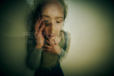 Buy stock photo Mental health, anxiety attack and stress with woman in rehabilitation for bipolar disorder, grief and fear. Depression, frustrated and trauma with person for schizophrenia and identity crisis