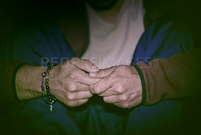 Buy stock photo Hands, night and man with fear, nervous and scared with mental health, stress and anxiety. Closeup, person and guy with depression, paranoid and confused with burnout, house and sad with emotions