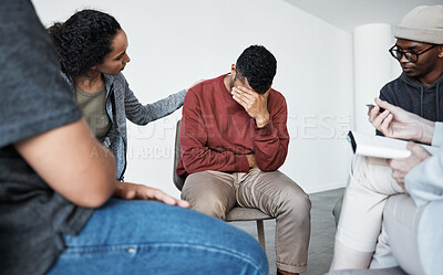 Buy stock photo Grief, meeting and support group with people in circle together for communication, depression or mental health. Crying, therapy or trust with man and woman friends in studio for psychology consulting