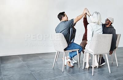 Buy stock photo Psychology, space or support in group therapy for high five, rehabilitation or anger management. AA meeting mockup, celebrate or sober people with success for mental health, counseling or recovery