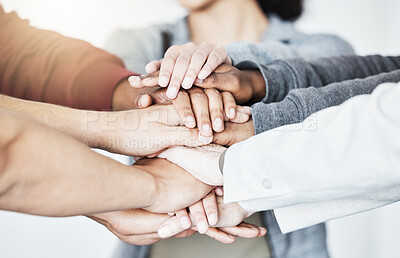 Buy stock photo Stack, hands and business people with support, cooperation or planning with team building. Group, closeup or employees with gesture, motivation or collaboration with partnership for project or growth