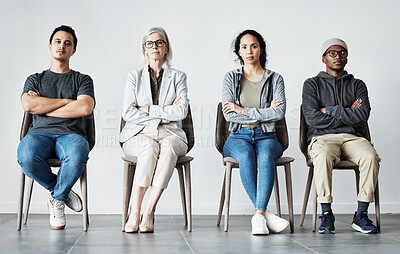 Buy stock photo Portrait, waiting room and group of business people with confidence for recruitment. Hr candidates, queue and job search with serious competition for diversity, interview or arms crossed for hiring