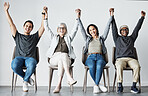 Portrait of diverse recovered addicts. Patients sitting in line at doctor's office.Therapist sitting with patients in a row. Happy mixed race colleagues celebrating and looking positive with copyspace