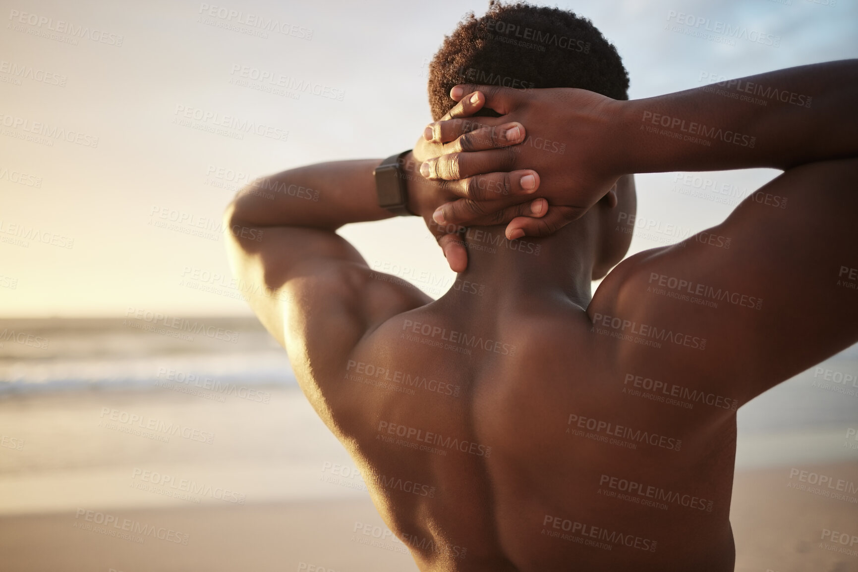 Buy stock photo Fitness, hands and back of person, beach and stretching in morning, sunrise and bodybuilder with muscle. Outdoor, wellness and fresh air for man, workout and strong for health, nature and ocean