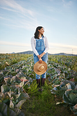 Buy stock photo Farmer, happy and woman in nature, cabbage and growth of crops, proud and business in food industry. Environment, thinking and person in countryside, agriculture and entrepreneur with vegetables