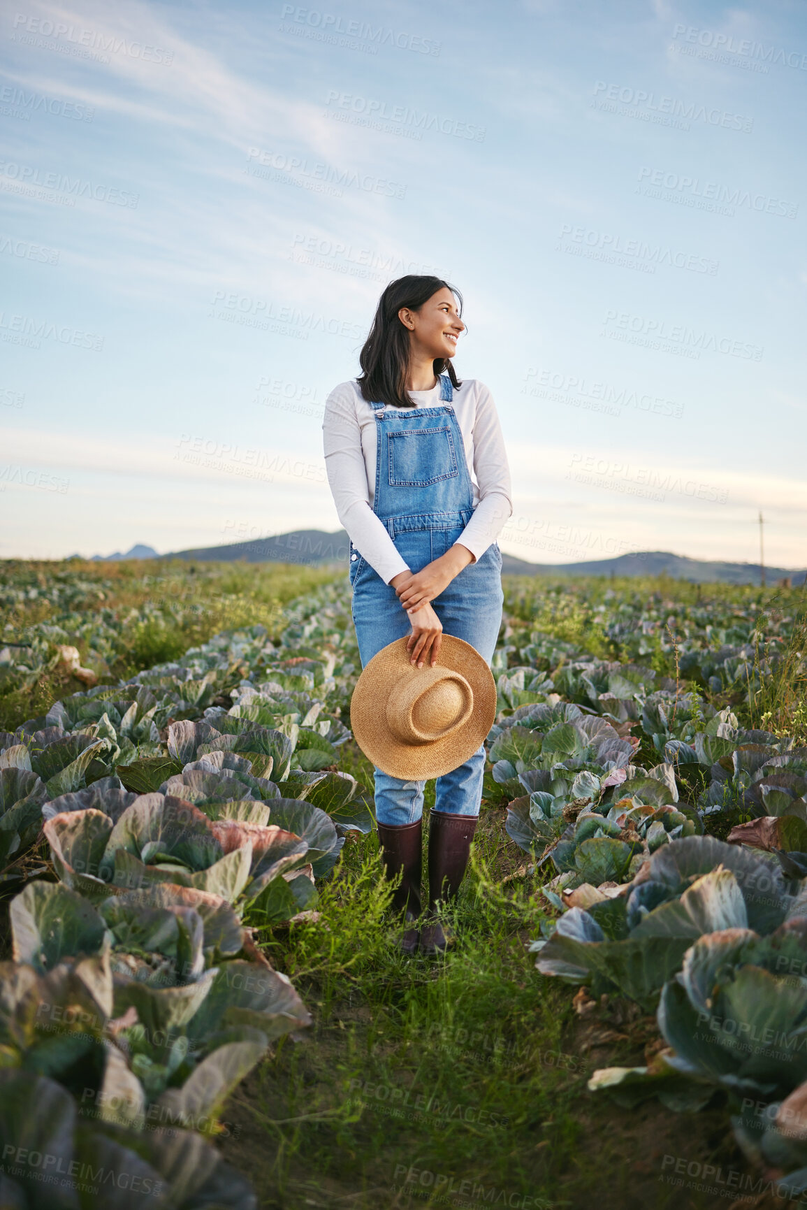 Buy stock photo Farmer, happy and woman in nature, cabbage and growth of crops, proud and business in food industry. Environment, thinking and person in countryside, agriculture and entrepreneur with vegetables