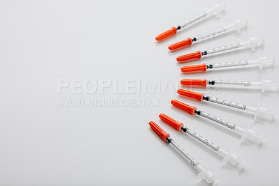 Buy stock photo Healthcare, syringe and drugs for vaccine, medication and illness or cure on white studio background. Injection, needle and pharmaceutical product for pharmacy, flu shot or equipment at clinic