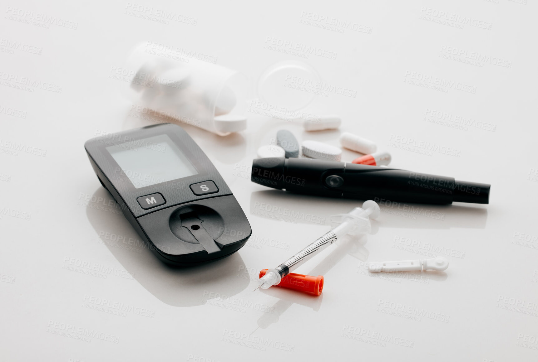 Buy stock photo Glucometer, syringe and blood test for diabetes, insulin or sugar balance on white studio background. Medication, needle or pharmaceutical product for healthcare, glucose control and clinic equipment