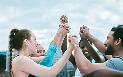 Buy stock photo Outdoor, people and happy for fitness with holding hands in city for support, commitment and solidarity . Friends, happy and together with achievement, teamwork and collaboration with synergy