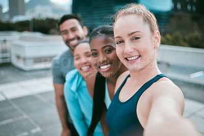 Buy stock photo Portrait, fitness and selfie of happy group outdoor for teamwork, exercise and training line. Face, smile and sports friends in picture together for diversity, health blog and people in pov in city