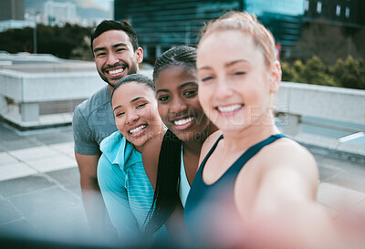 Buy stock photo Fitness, portrait and selfie of happy friends in city for teamwork, exercise or training in line. Face, smile and sports group in picture together for diversity, health blog and people in pov outdoor