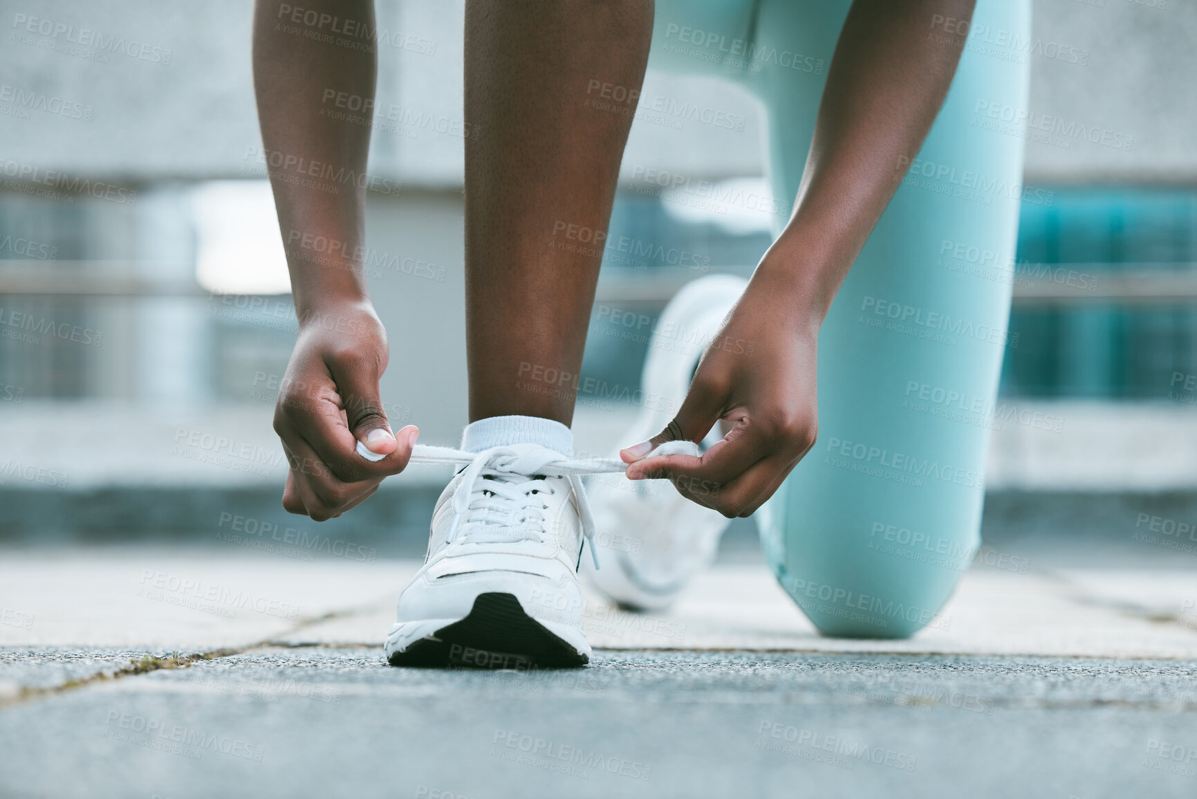 Buy stock photo Hands, outdoor and person with shoelace for fitness, running and walking for health. Sneakers, closeup and preparing in training shoes with jogging, exercise and workout for wellness or self care