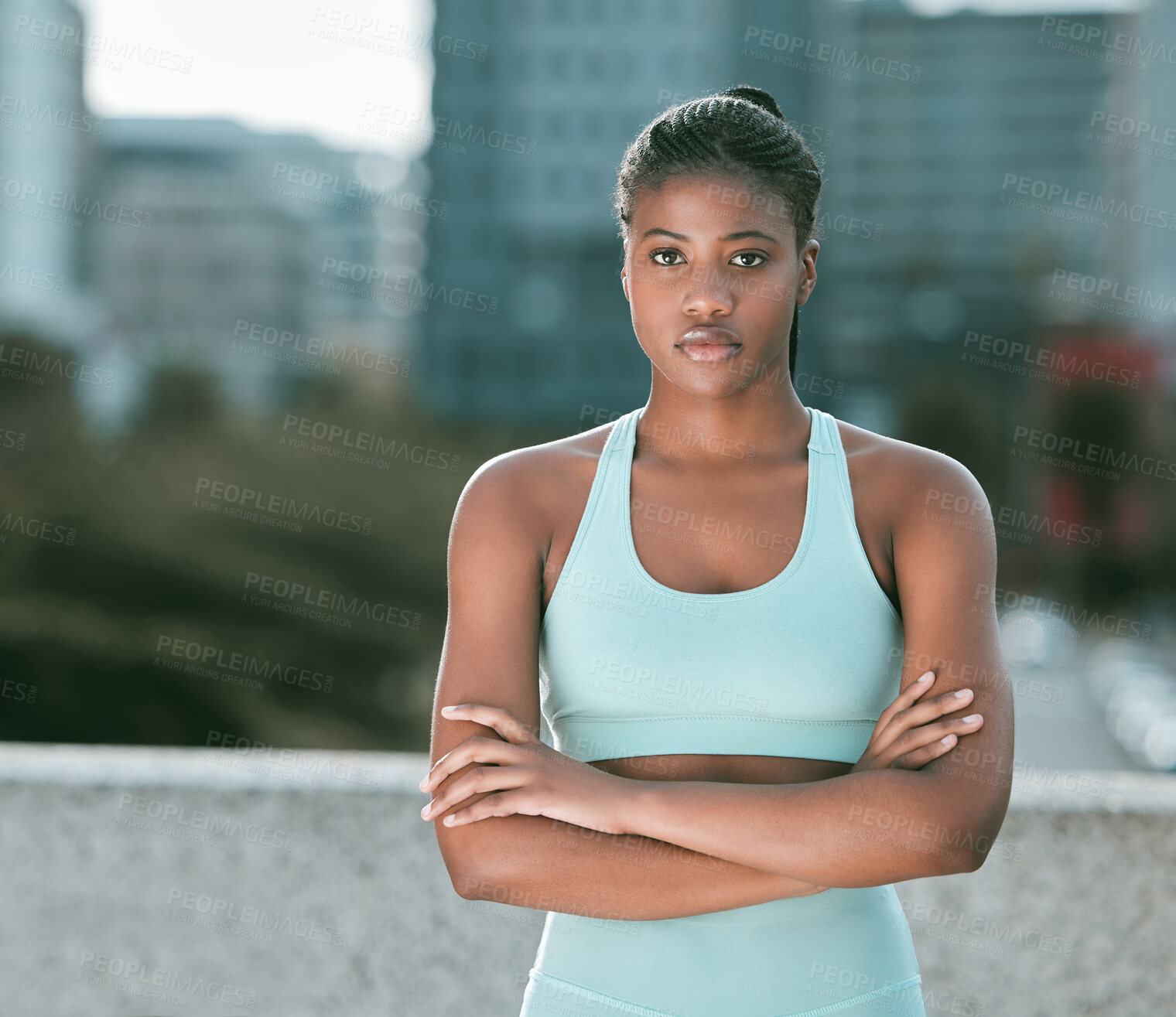Buy stock photo Fitness, arms crossed or portrait of black woman in city for running, outdoor workout or training. Serious, face and confident runner in urban town for cardio health, exercise and wellness in Kenya