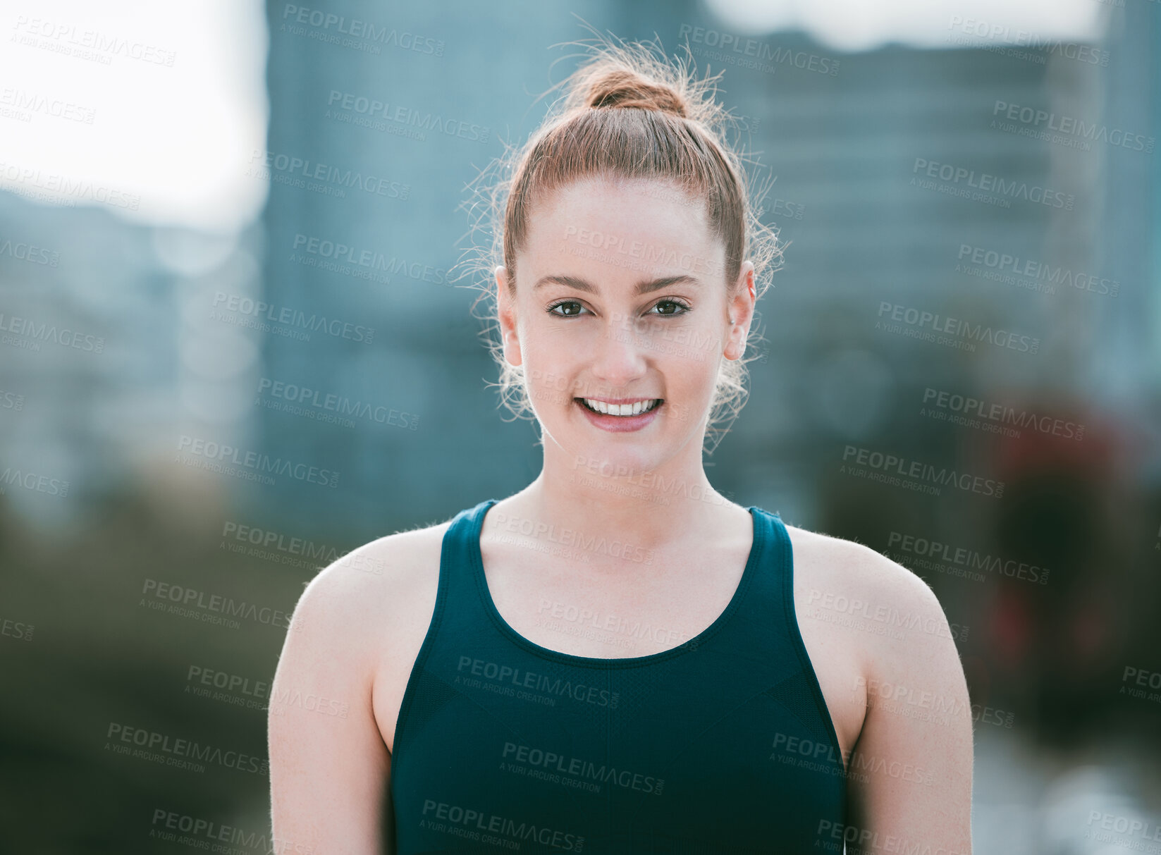 Buy stock photo Runner, confident or portrait of happy woman in city for running, outdoor workout or fitness training. Smile, face or sports athlete in urban town for cardio health, exercise or wellness in Ireland