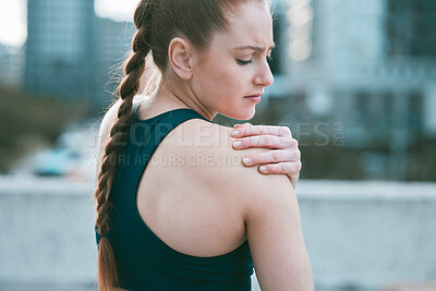 Buy stock photo Woman, shoulder pain and sports injury in exercise, fitness and performance for strong muscle. Female person, workout and emergency for massage as joint strain or inflammation as athlete in training