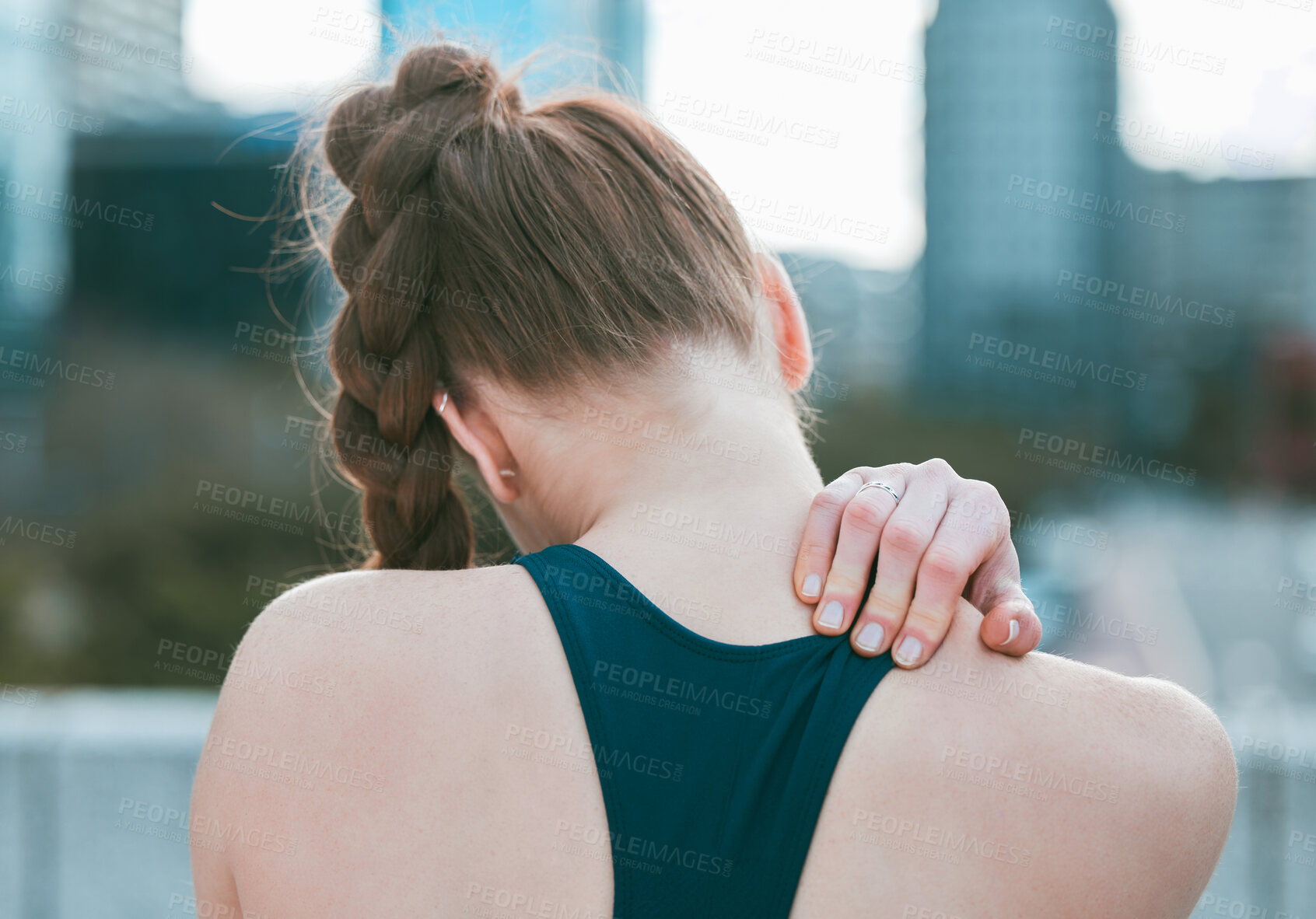 Buy stock photo Back, woman and shoulder pain as sports injury in exercise, fitness and care for strong muscle. Female person, workout and emergency for massage as joint strain or inflammation as athlete in training