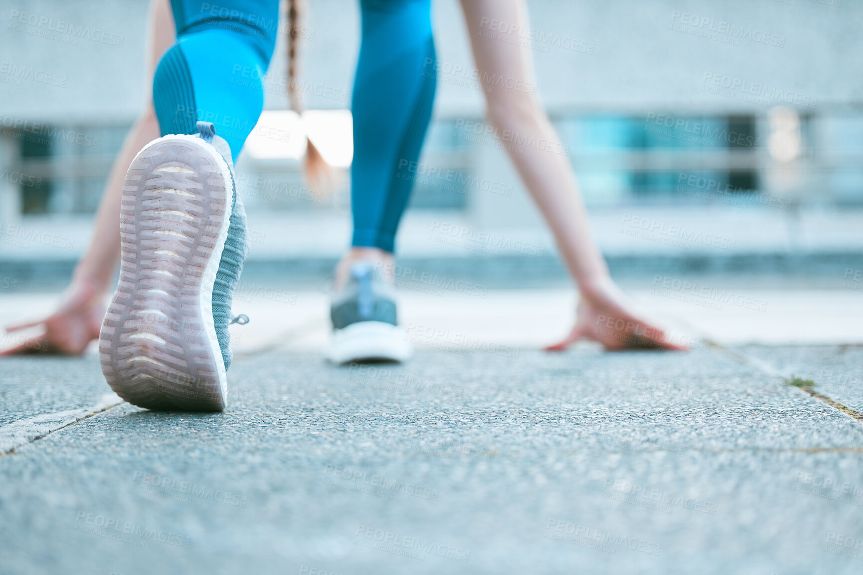 Buy stock photo Back, person and shoes in city for fitness, training and start of race for exercise. Woman, runner and sneakers on asphalt for challenge, wellness and leg muscle development with cardio for growth