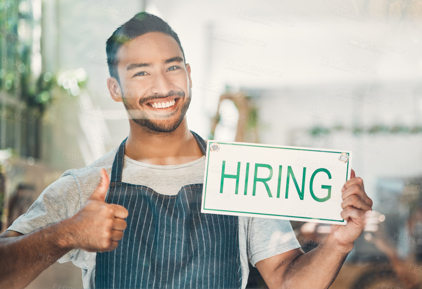 Buy stock photo Portrait, man and coffee shop with open sign on window for small business, cafe or bistro. Male person, hospitality and happiness as barista, entrepreneur or employee for industry as restaurant staff