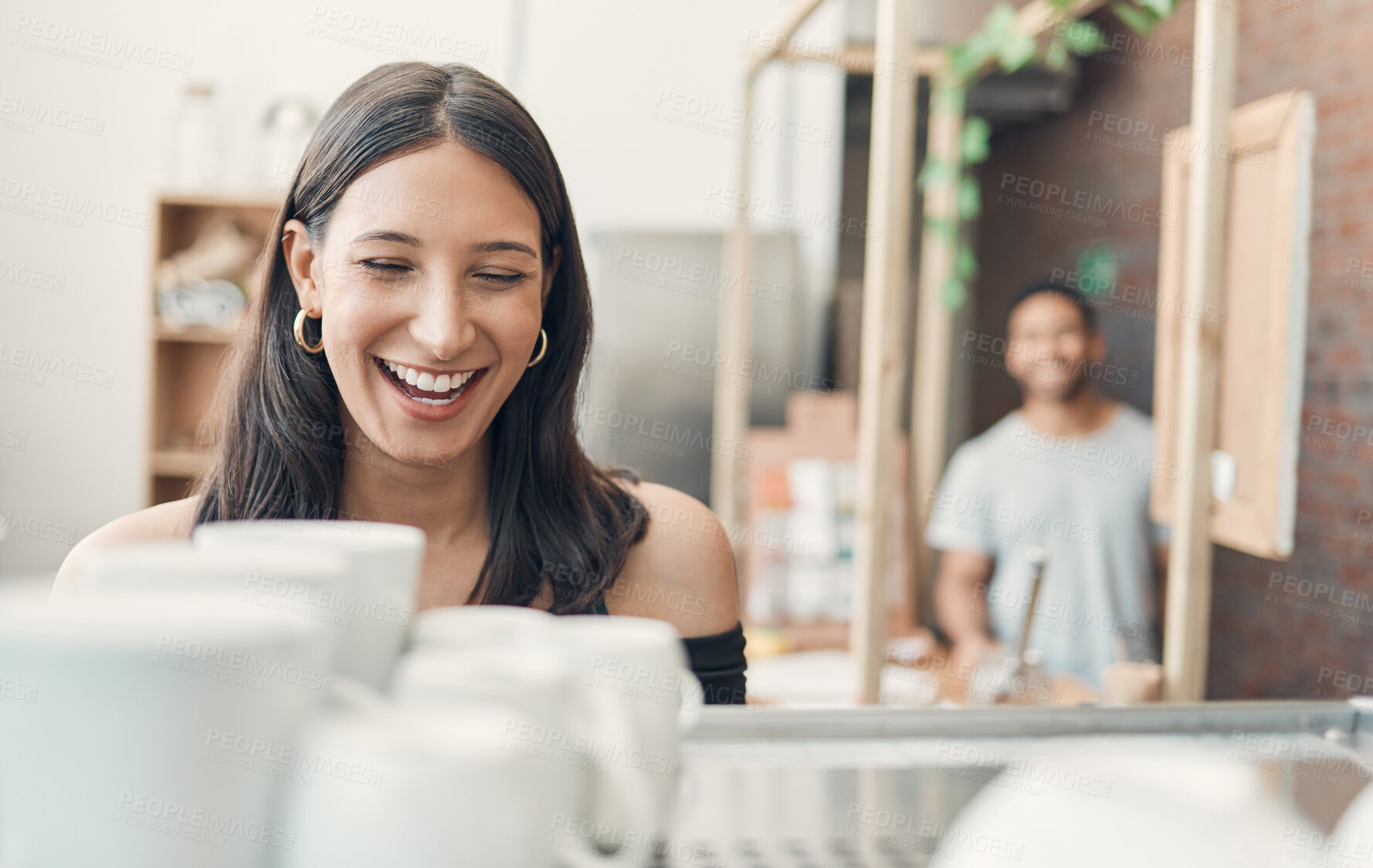 Buy stock photo Cafe, small business and woman with coffee machine for drink, espresso and matcha latte for preparation. Restaurant, female person and barista with laughing for joke, customer service and hospitality