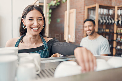 Buy stock photo Cafe, business owner and woman with cup for drink, espresso and matcha latte for preparation. Coffee shop, female person and barista by beverage machine for startup, customer service and hospitality