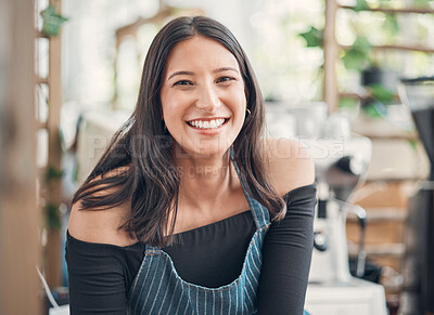 Buy stock photo Smile, barista and woman in portrait for cafe, professional career and confidence for startup. Coffee shop, female person and business owner with pride for hospitality, customer service and cashier