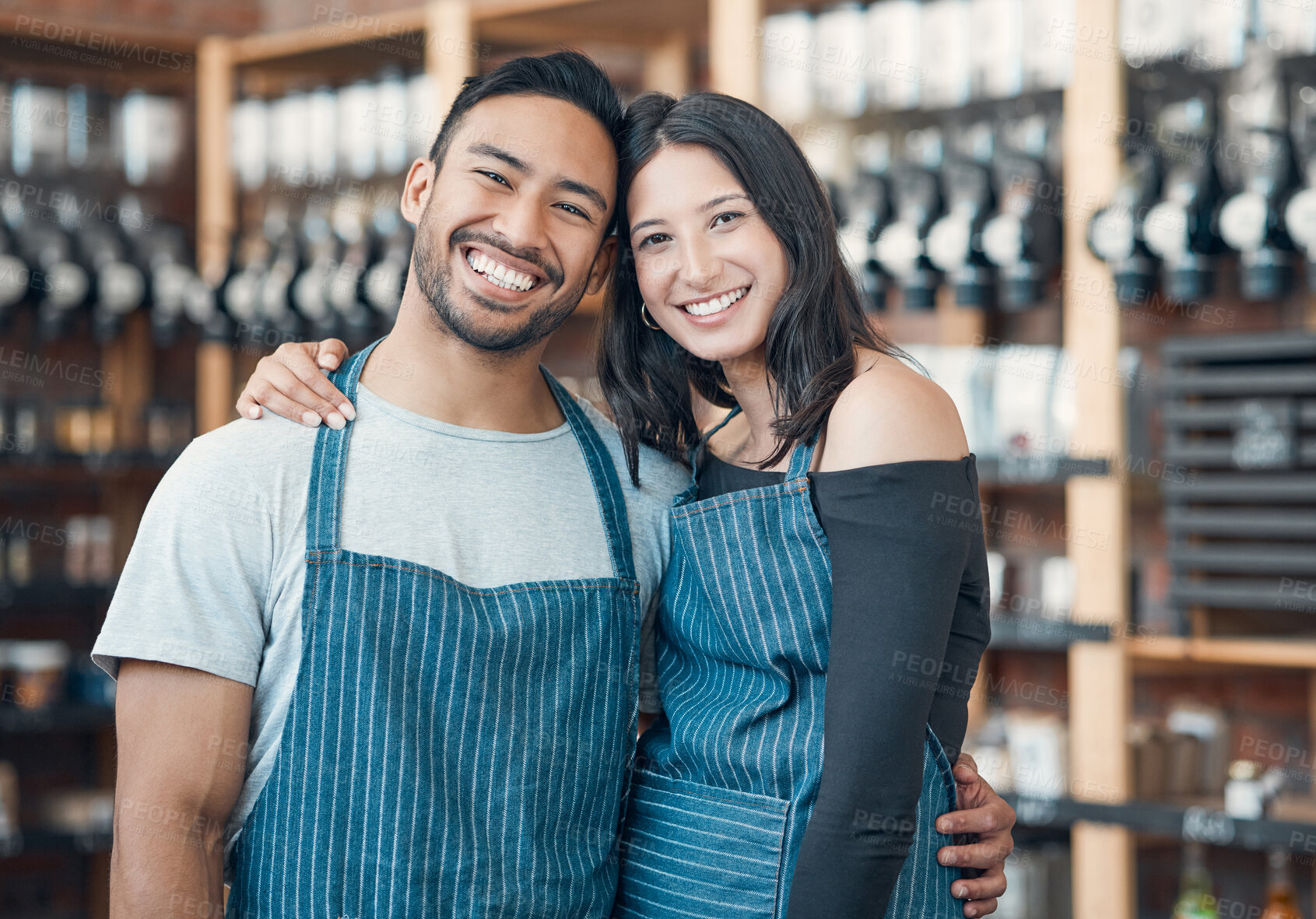 Buy stock photo Portrait, man and coffee shop with woman in embrace for small business, cafe and bistro. Happy couple, hospitality and collaboration as barista, entrepreneur and employee for industry or restaurant