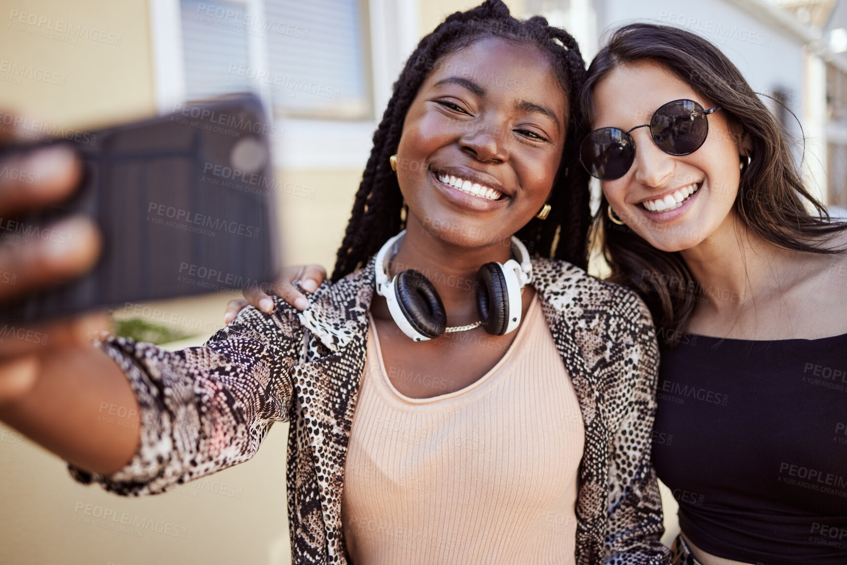 Buy stock photo Smile, youth and selfie with friends in city for social media, gen z and influencer post. Photography, content creation and streaming with women in outdoor for travel blog, profile picture or network