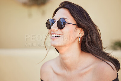 Buy stock photo Fashion, sunglasses and woman in city happy with confidence, trendy style and cool accessories. Summer, travel and person smile with eyewear in urban town for holiday, vacation and weekend outdoors