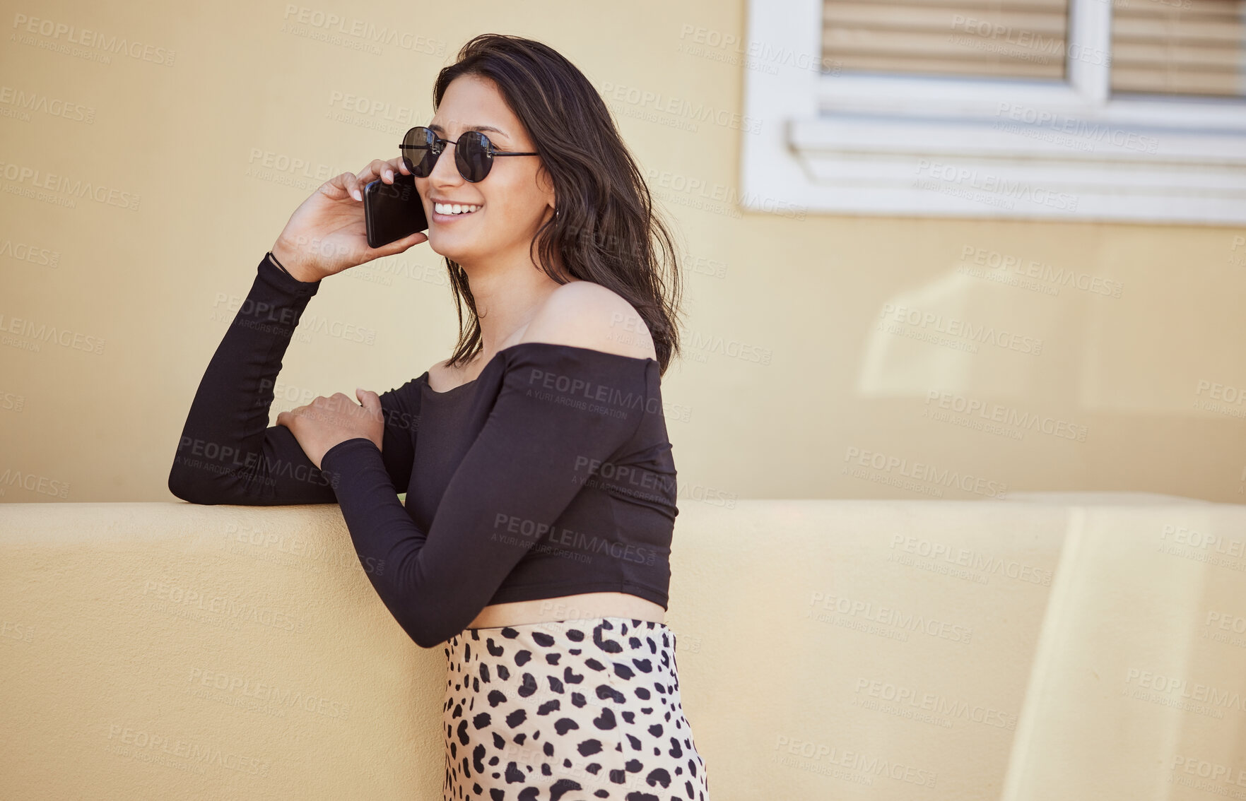 Buy stock photo Fashion, phone call and happy woman in city with sunglasses for online chat, communication and contact. Summer, travel and person talking on smartphone in urban town for holiday, vacation and weekend