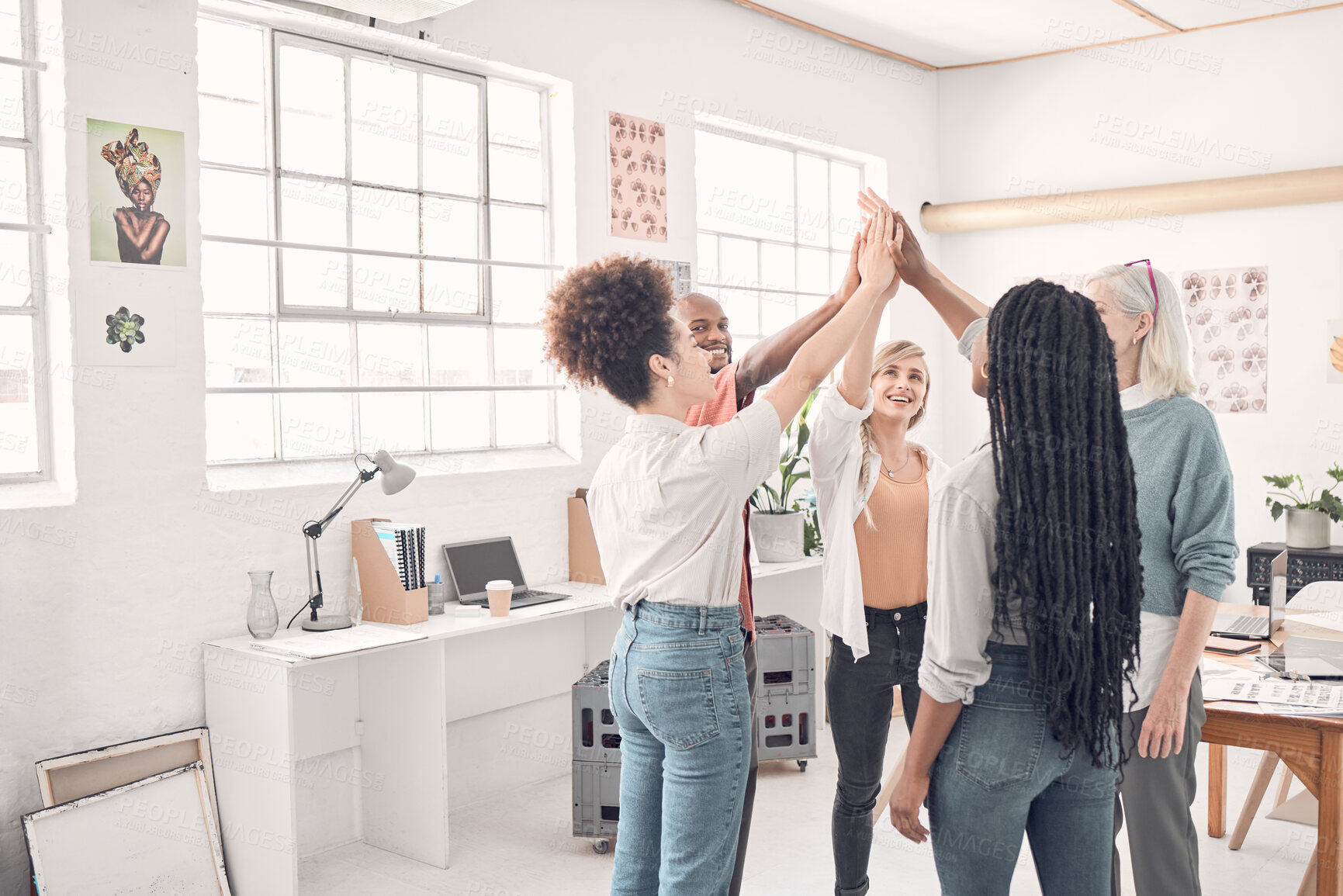 Buy stock photo Teamwork, high five or people in studio for creativity, collaboration or positive reinforcement. Fashion designer group, hand gesture or happy in office for exciting project, support or agency growth